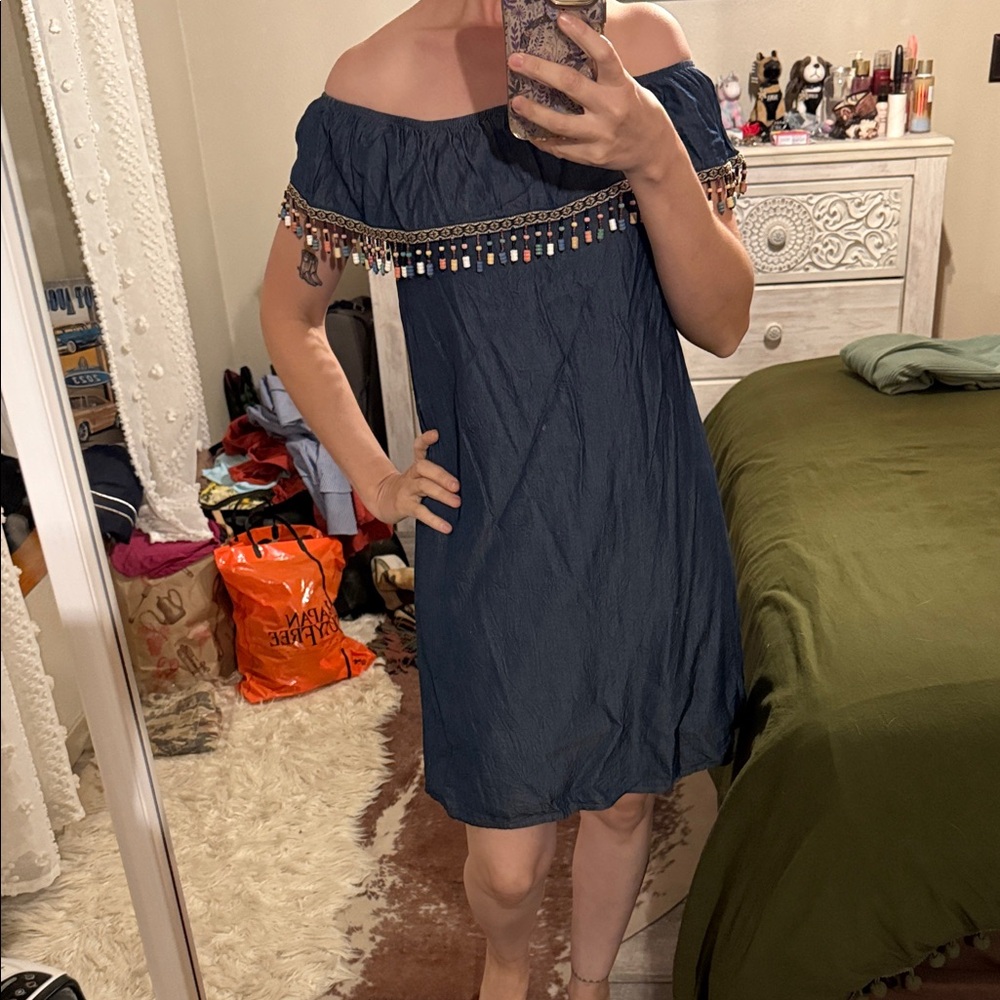 Off-Shoulder denim Dress with Tassel Details